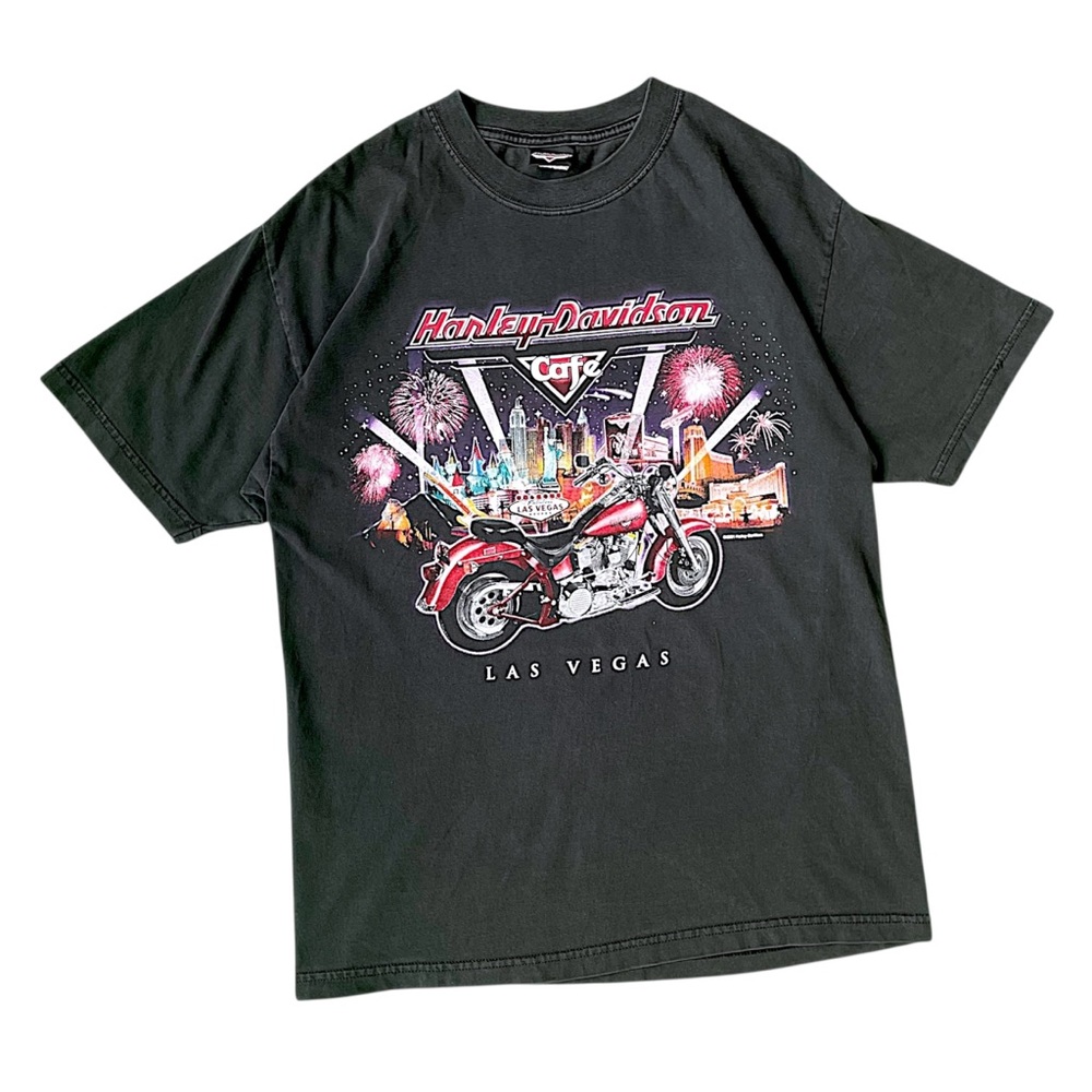 Harley-Davidson Black Tee with Red Motorcycle & Neon City Print